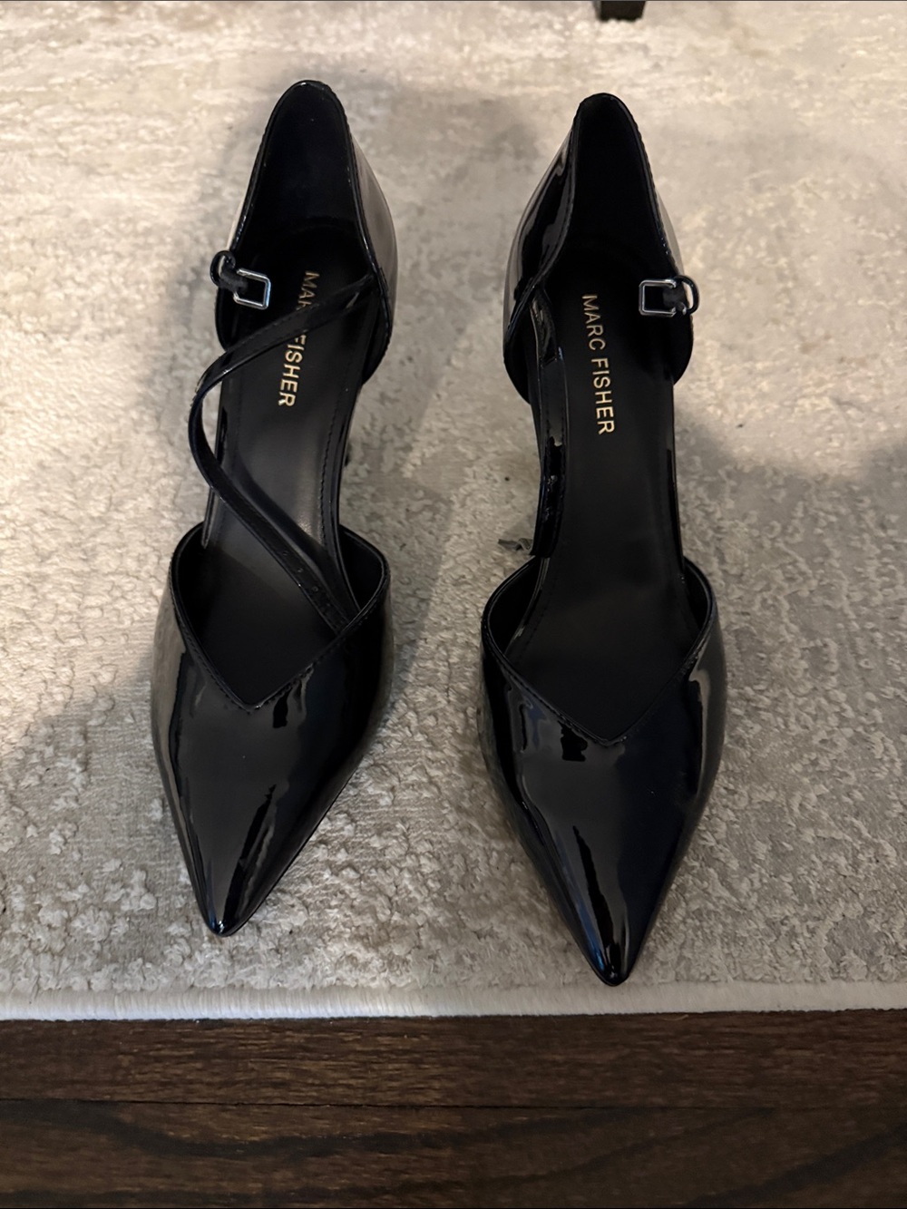 Marc Fisher Black Patent Pointed-Toe Mary Jane Heels with Strap